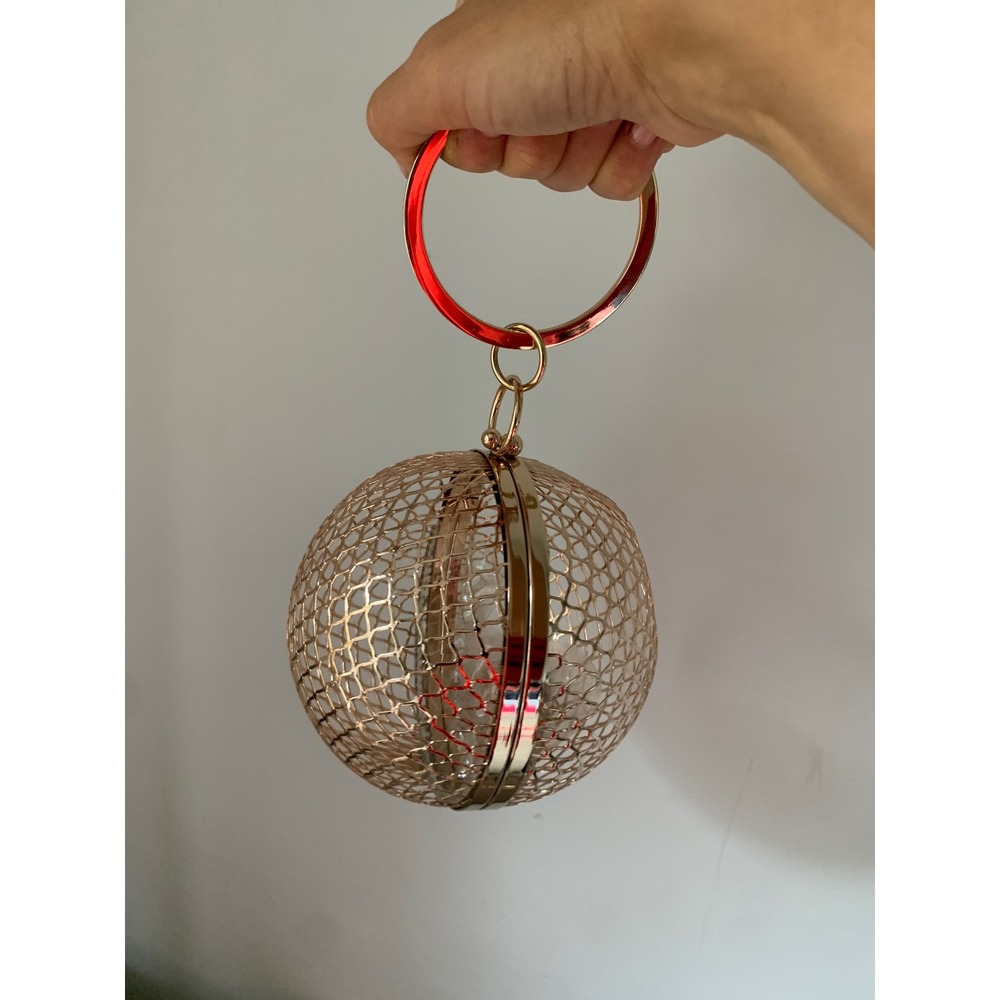 Gold‎ Sphere Cage Mesh Clutch Bag Round Top Handle Evening Crossbody Purse